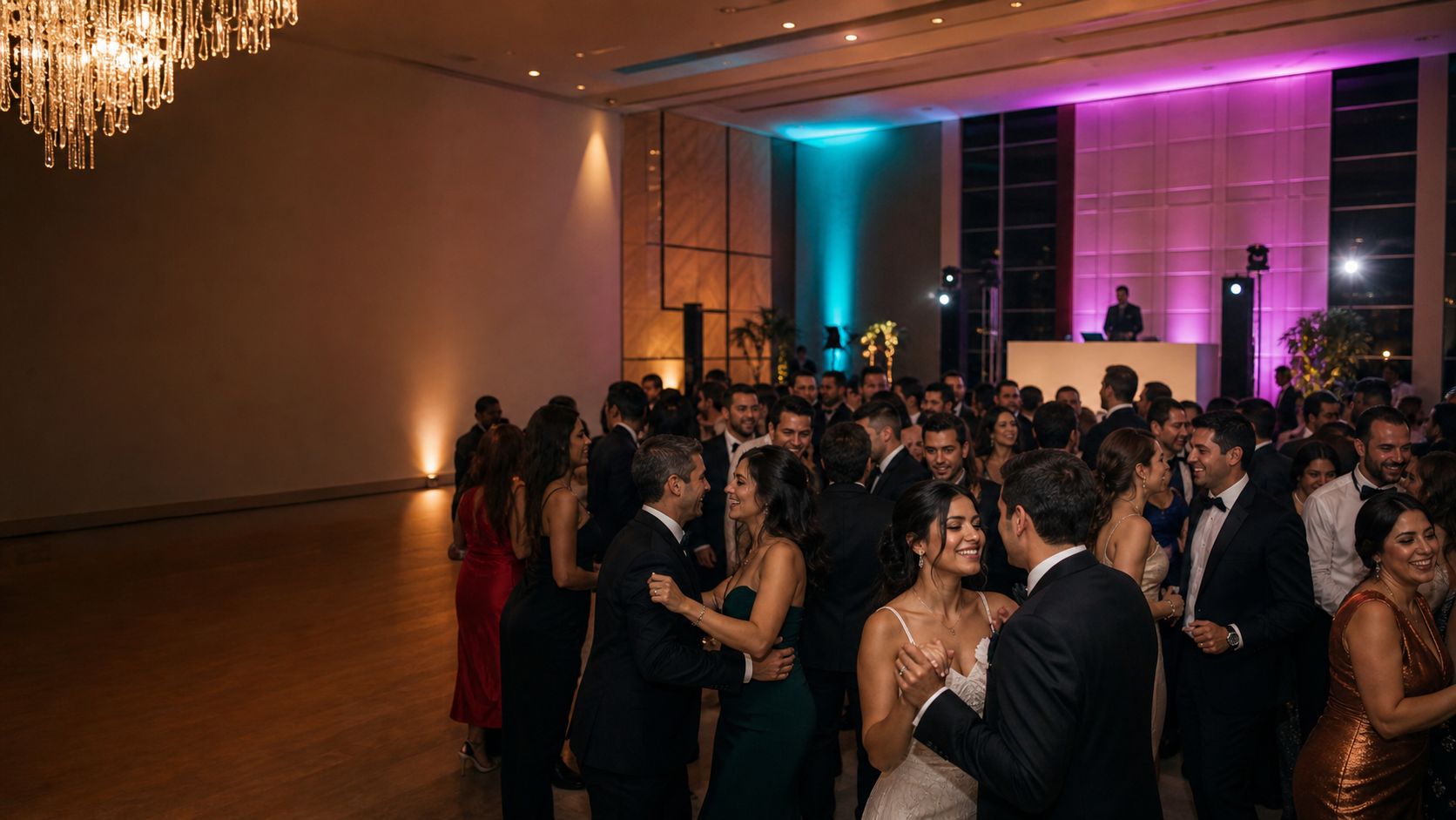 Guests dancing in a ballroom with pink and teal uplighting.