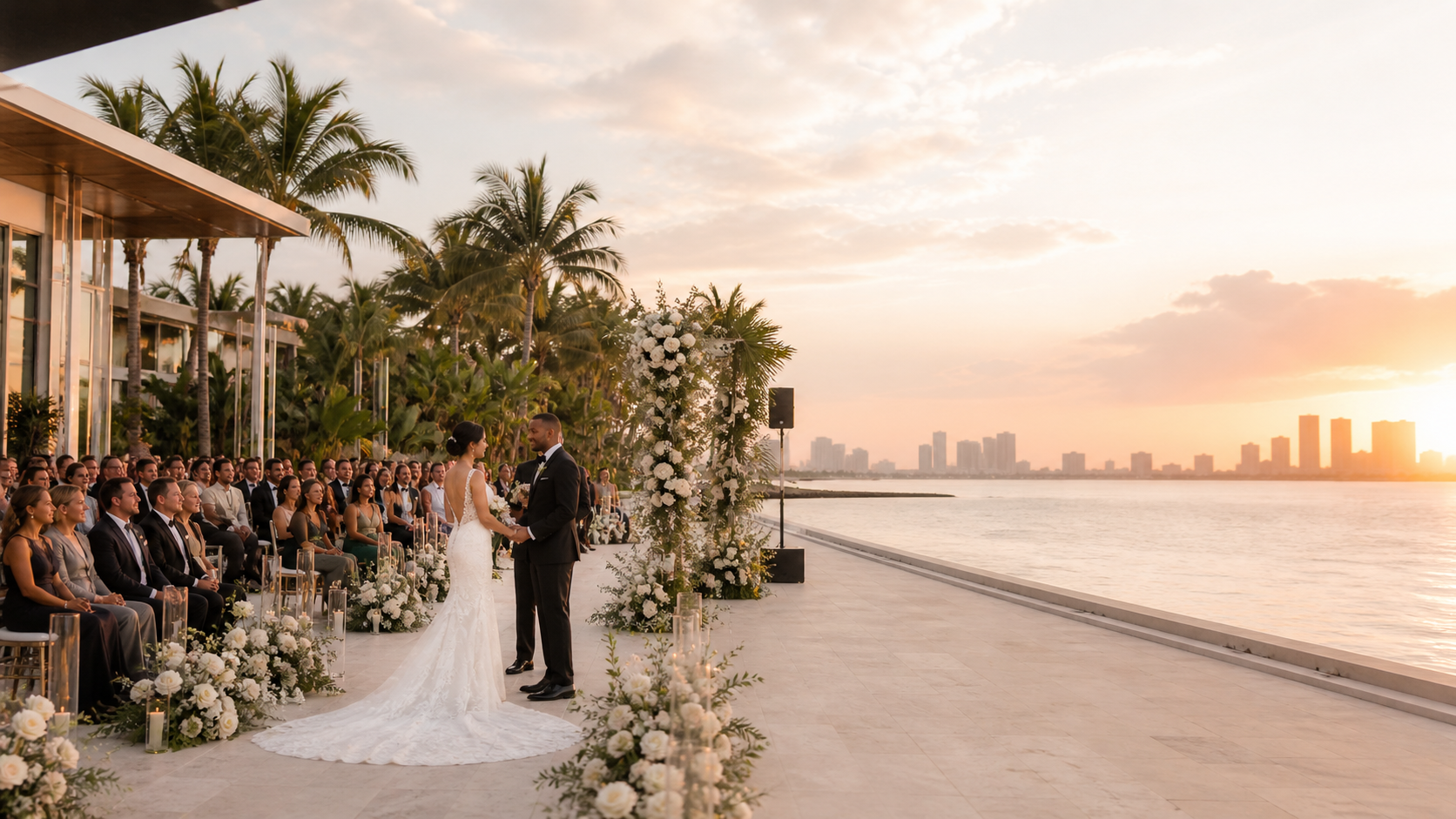 Waterfront Miami wedding ceremony with a floral arch and skyline view.
