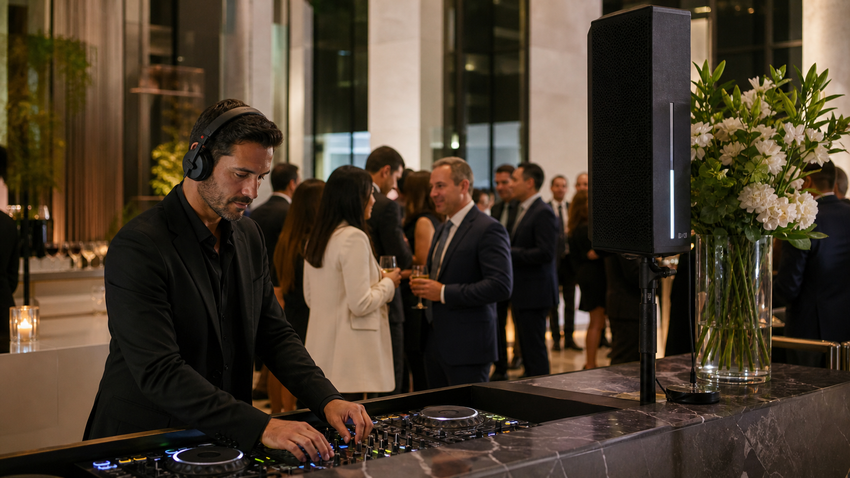 DJ working at a controller during an upscale Miami event.