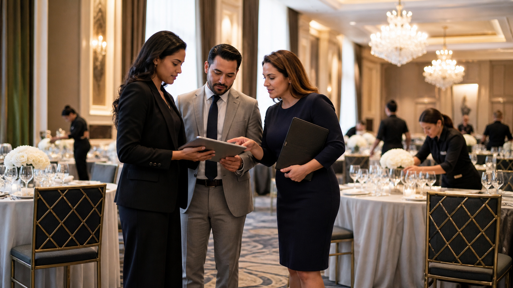 Event professionals reviewing details in a formal Miami ballroom.