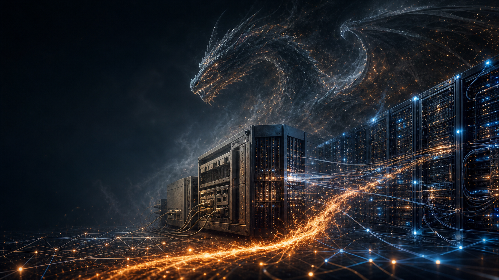 Old dragon watching a first fire over AI infrastructure